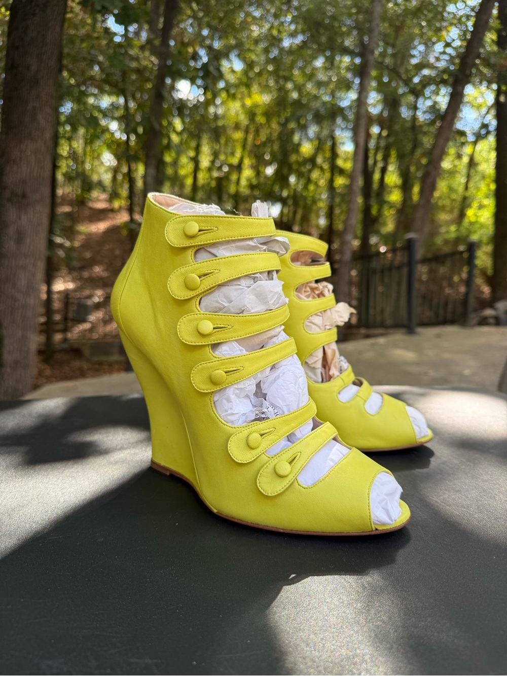 Oscar de la Renta Yellow Button-Strap Wedge Sandals